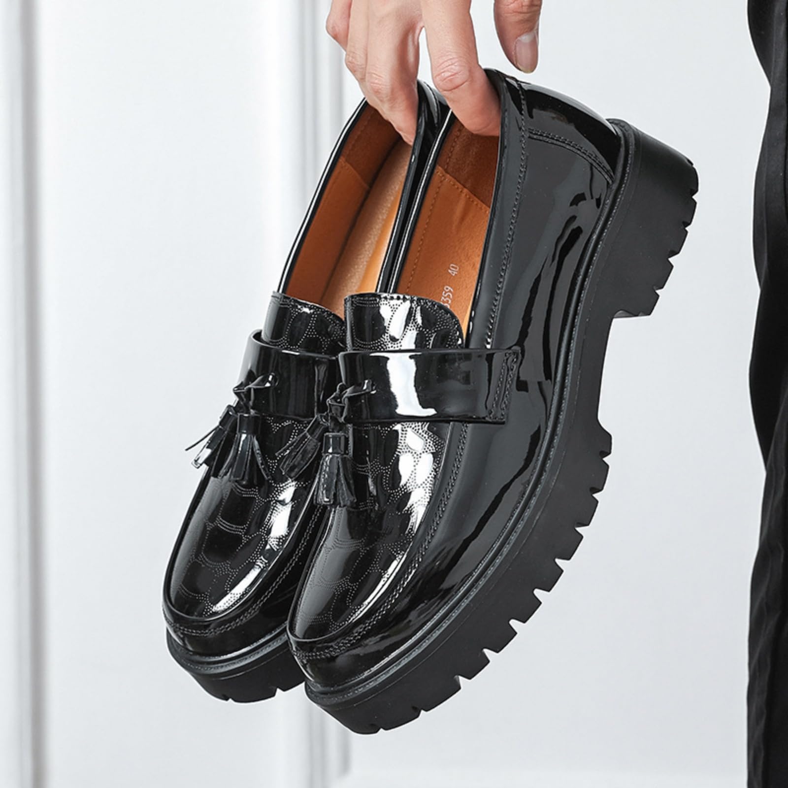 Mocasines Plataforma Hombre Zapatos Vestir Slip-On De Piel Charol | Zapatos Formales De Estilo Moderno Con Borlas, Puntera Redonda Y Suela De Goma, Para Bodas Y La Oficina