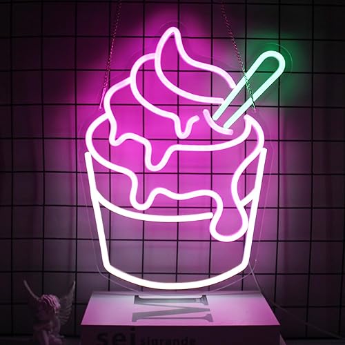 CKTBLEY Letrero de neón de helado rosa y blanco con luces LED de neón para decoración de pared de negocios, letreros LED de helado derretido para