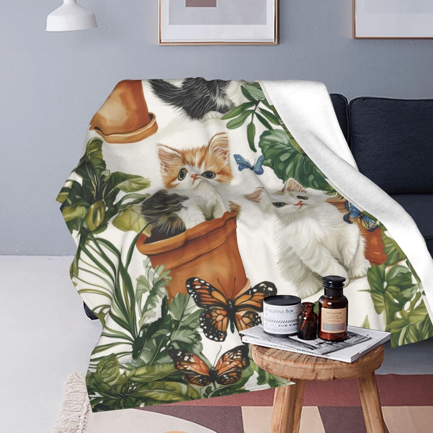 Plant Cat Blanket Patterned Kitten Throw Warm Comfy Flannel Travel Office Chair Cars Blanket for Work, Couch, Sofa, Bed All Season 60"x50"