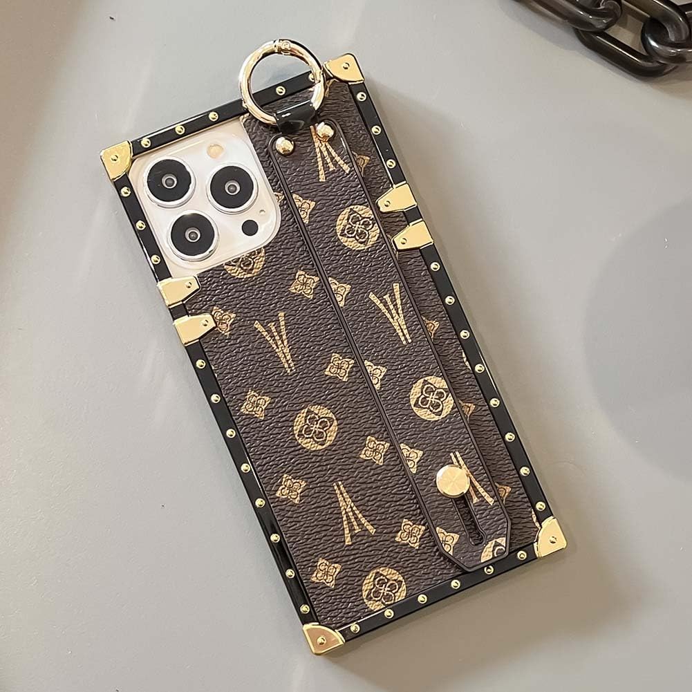 Elegant Retro Compatible with iPhone Rhombus Pattern Faux Leather Case with Adjustable Wristband Kickstand,Electroplating Protective Rectangle Edge Cases Cover (Brown,16 Pro Max) - Image 6