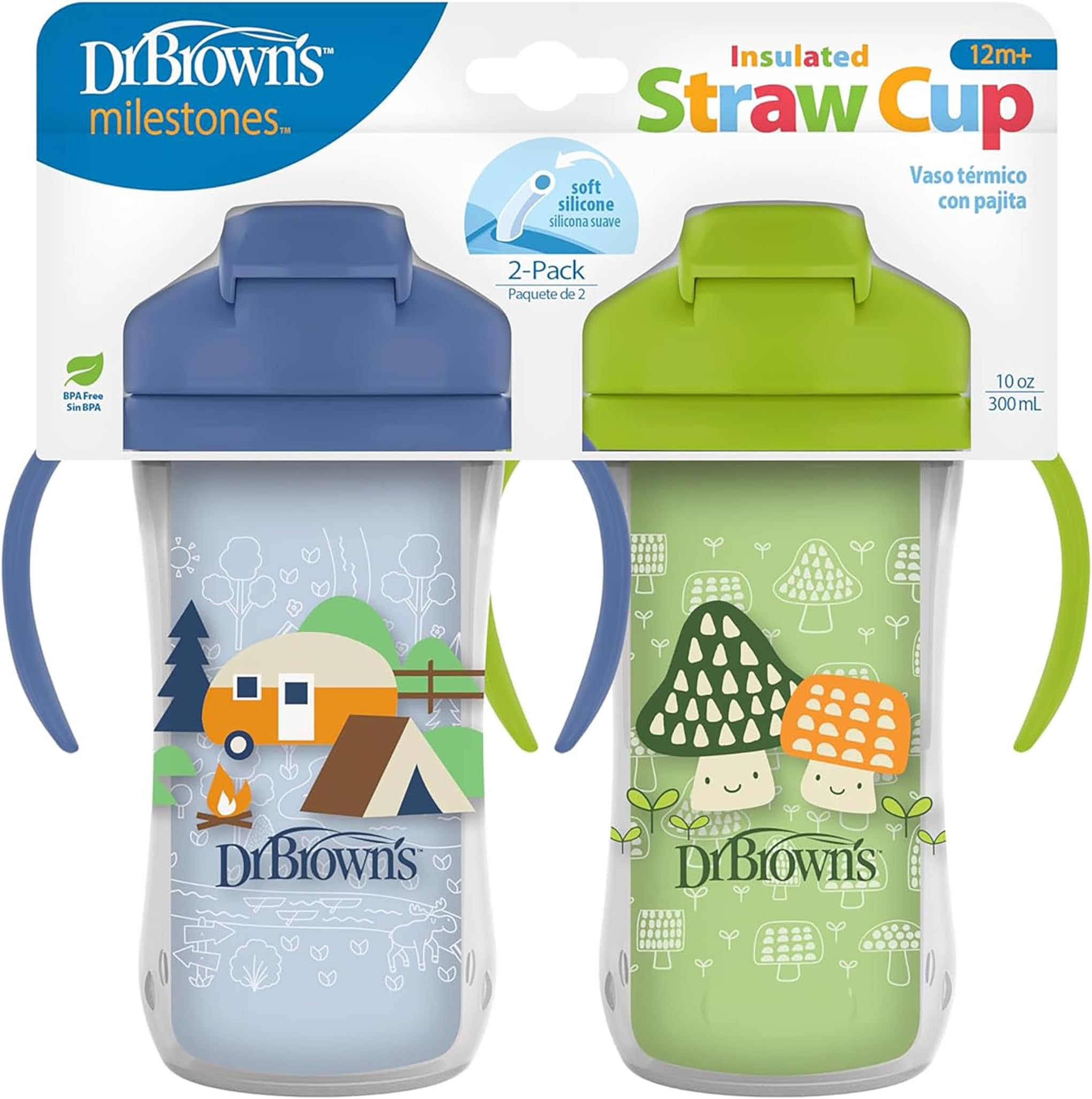Dr. Brown's Milestones Insulated Sippy Cup with Straw and Handle, Spill Proof with Lid, 2 Pack, Blue & Green, 10oz/300ml BPA Free, 12m+