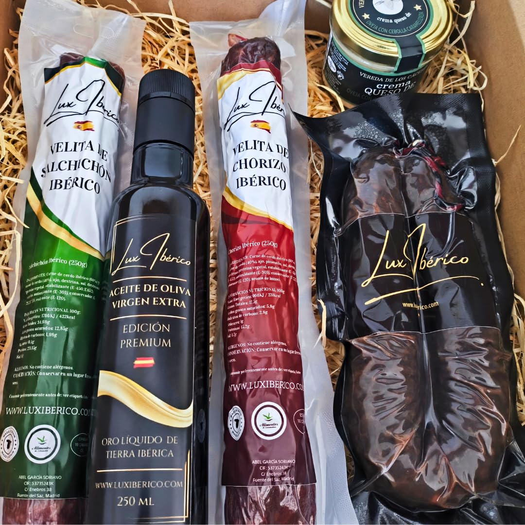LUX IBÉRICO - Lote "Norbensis" - Embutido, Morcilla Picante y Aceite | Velitas de chorizo y salchichón ibérico, achorizada picante, crema de queso y aceite de oliva virgen extra. Para regalar.