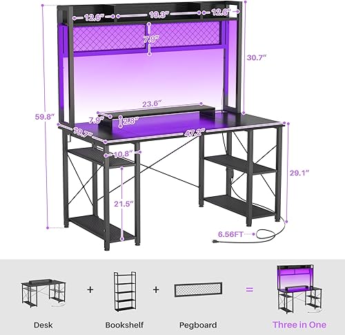 Miniatura 9 de armocity Escritorio para juegos mejorado 2024 con gabinete, escritorio mágico para computadora de 48 pulgadas con luces LED y tomacorrientes,