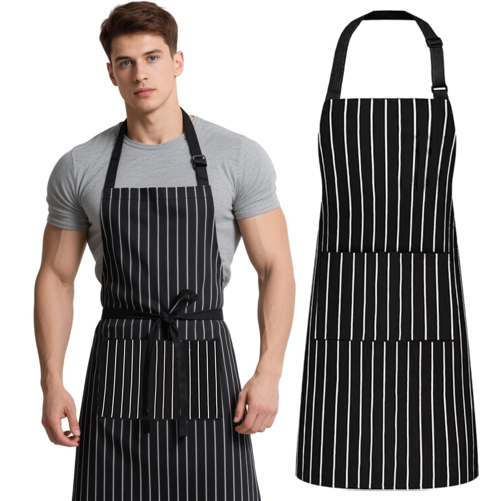 Makoto Nobu Unisex Black 2 Pcs Adjustable Aprons, Apron With 2 Pockets Cooking Kitchen Chef, Professional Cooking Kitchen Chef Women Men For Home Kitchen, Restaurant, Baking Gardening Bbq( Strips)