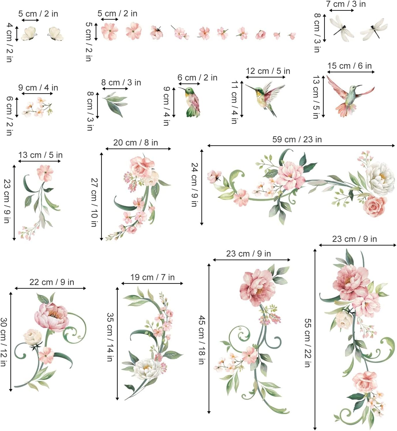 decalmile Peony Flower Wall Decals Pink Blossom Birds Wall Stickers Living Room Bedroom Girls Bedroom Wall Decor