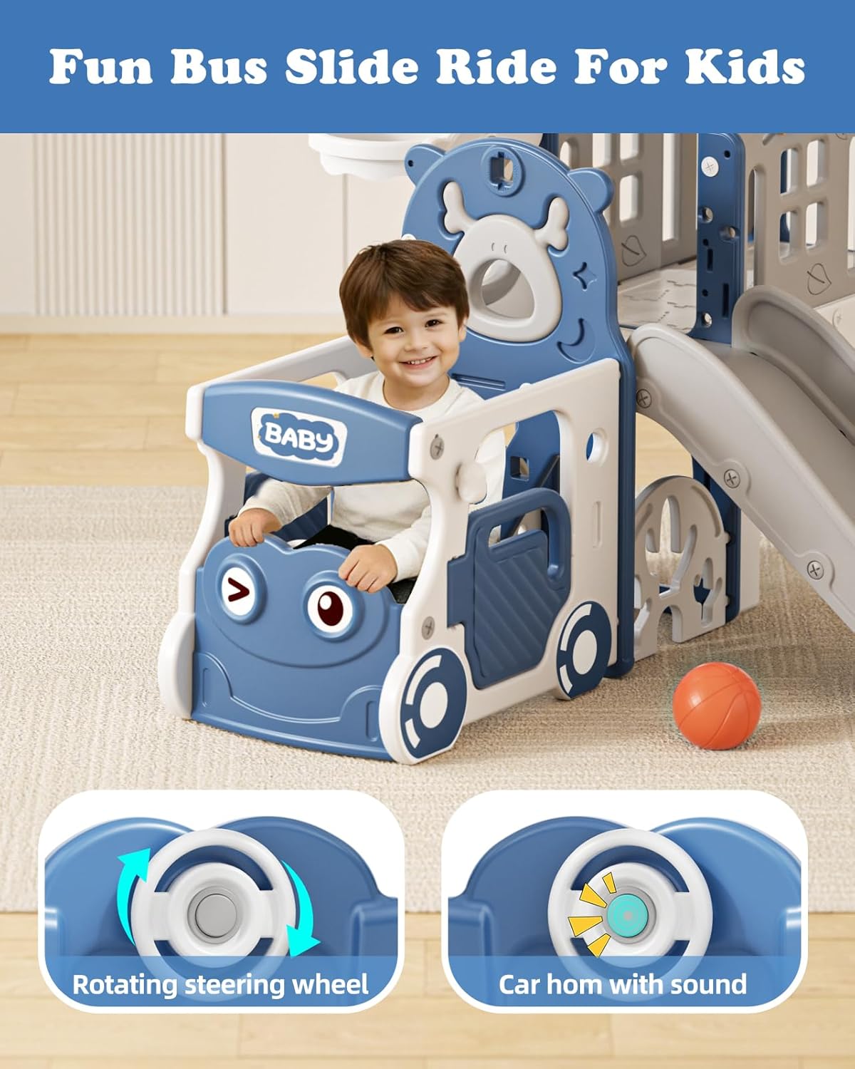 XJD 10 in 1 Toddler Slide, Kids Slide for Toddlers 1-3, Toddler Play Climber Slide Playset with Basketball Hoop and Ball,Toddlers Outdoor Indoor Playground (Blue, Large)