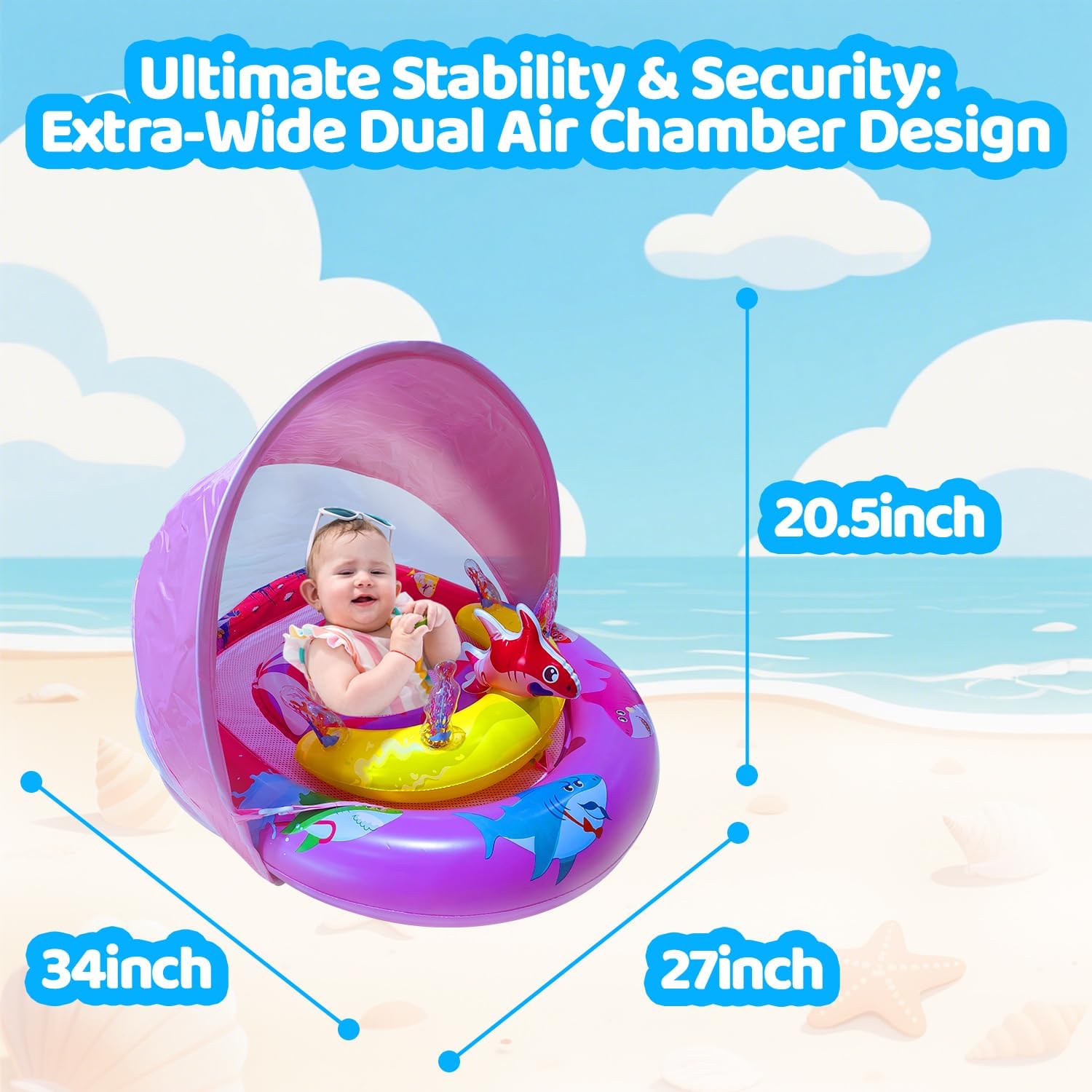 Inflatable Baby Pool Float with UPF50+ Sun Protection Canopy, Adjustable Safety Seat & Interactive Toy Play Console - Includes Ocean Animal Toys for Infants & Toddlers 3-36 Months
