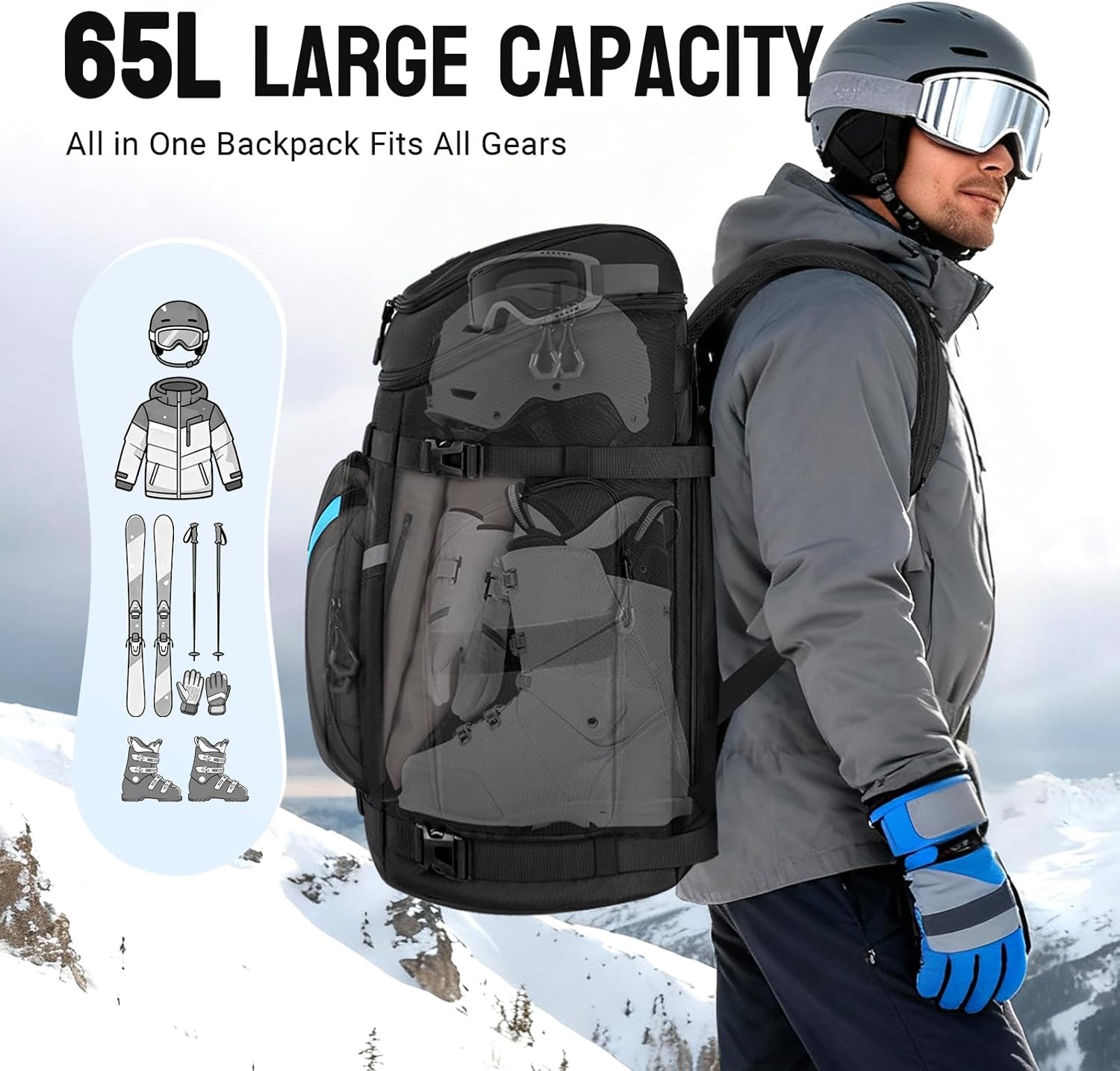 Bosynoy 65L Ski Boot Bag Backpack, Kids Ski and Snowboard Boots Travel Backpack for Skis, Snowboard, Gear & Accessories, Waterproof Ski Travel Bags for Flying, White and Red