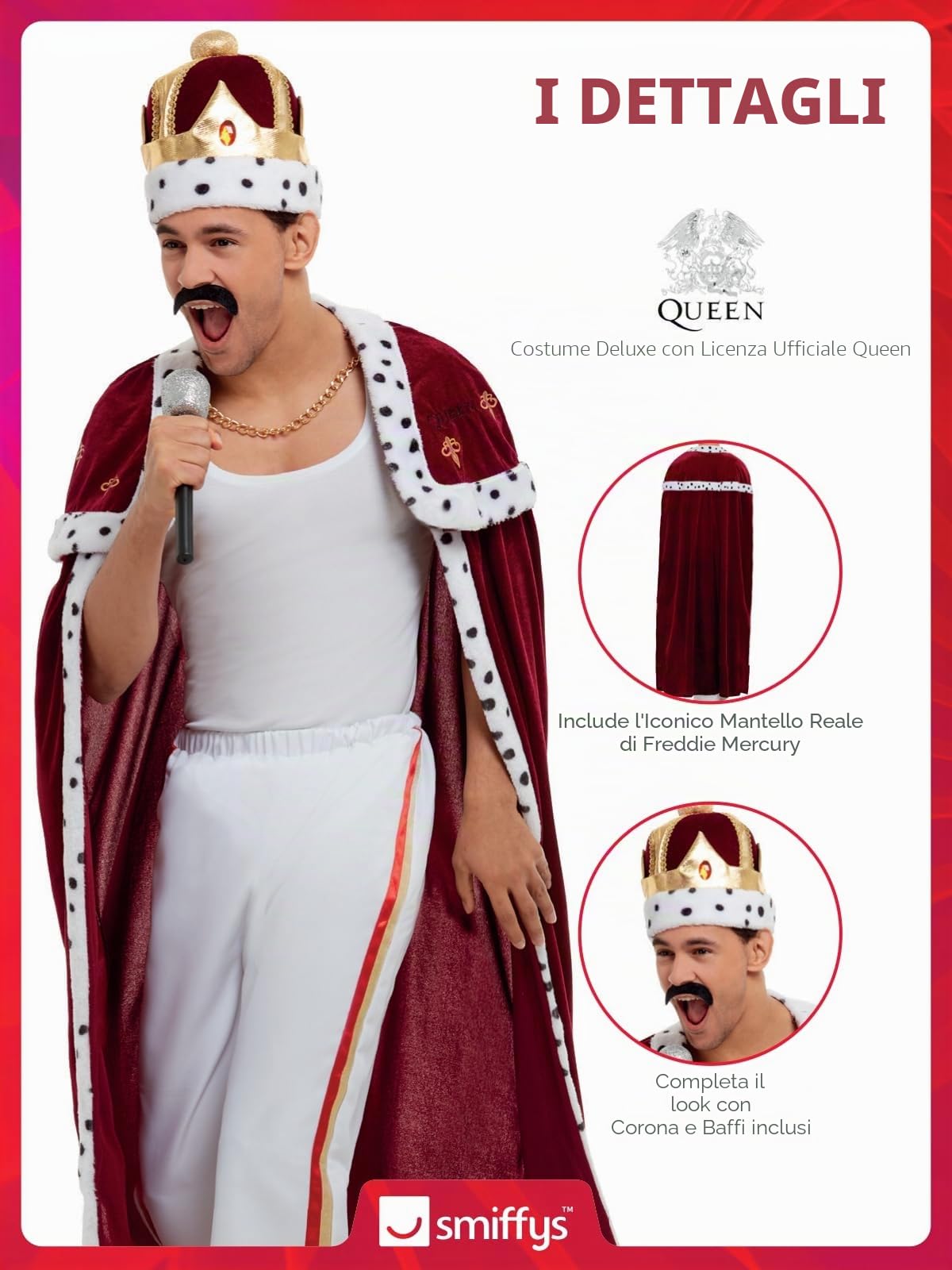 SMIFFYS Costume Royal Queen Deluxe, Rosso, con abito, pantaloni, corona e baffi Halloween
