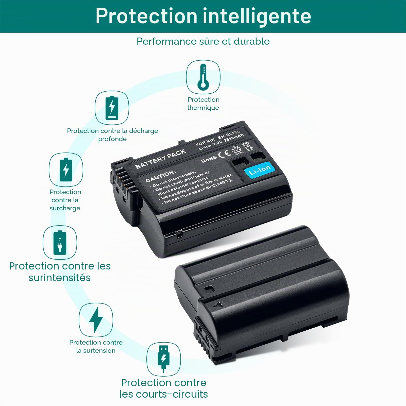 EN-EL15/EL15a/15b/15c Lot de 2 batteries 2550 mAh compatibles avec Nikon D7000, D7100, D7200, D7500, D500, D600, D600E, D610, D750, D780, D800, D800E ,D810 D810E, D850, V1, Z5, Z6, Z7, Z62, Z72
