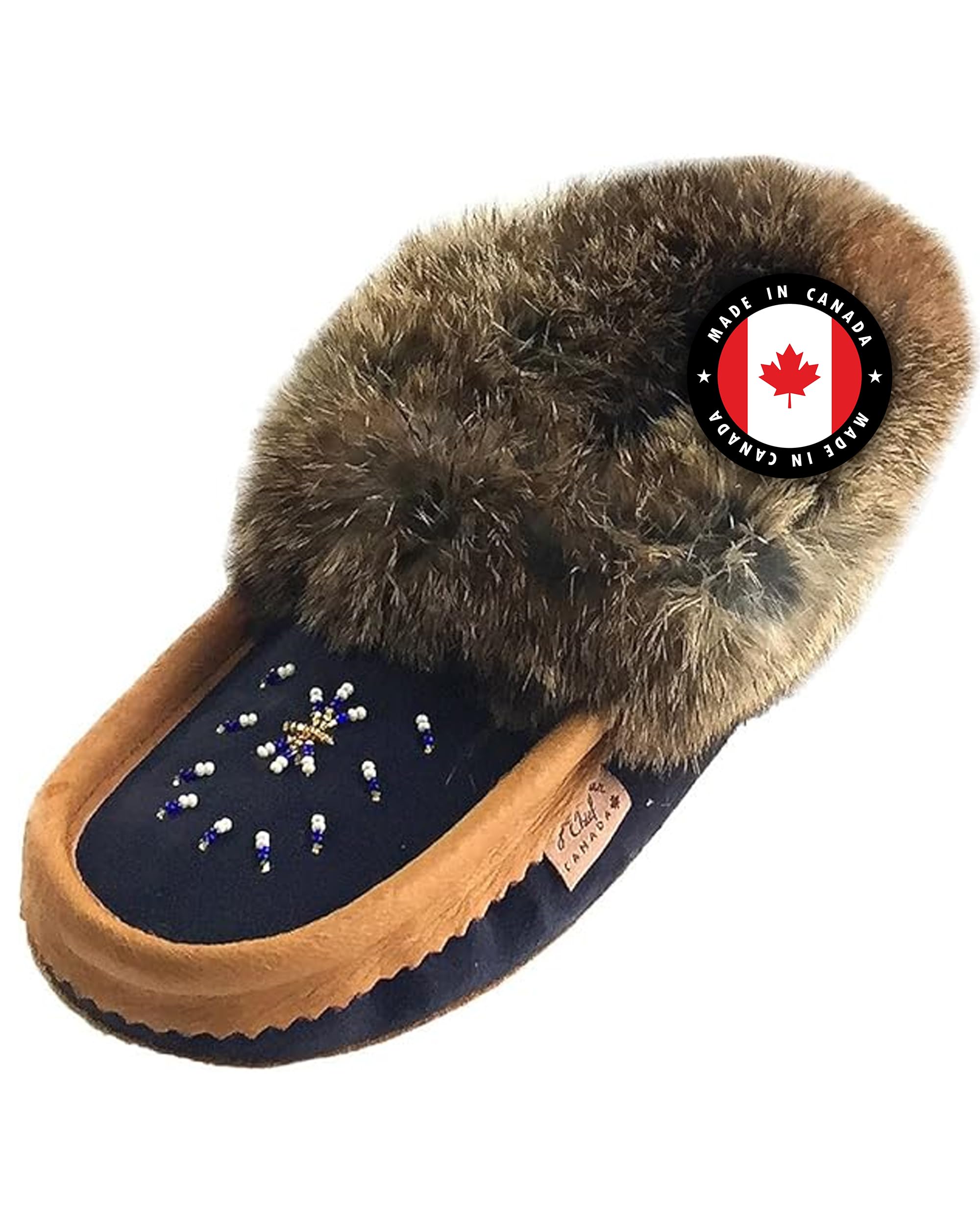 Laurentian Chief Moccasin Slippers for Women – Ladies Comfortable Slippers with Real Rabbit Fur Trim and Soft Faux Lining – Canada Quality Beaded