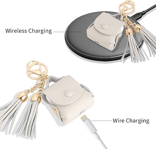Miniatura 4 de MODOS LOGICOS Funda de carga para Apple Air Pods, funda de cuero genuino con un par de borlas caídas para Apple AirPods 12 Funda de carga - Beige