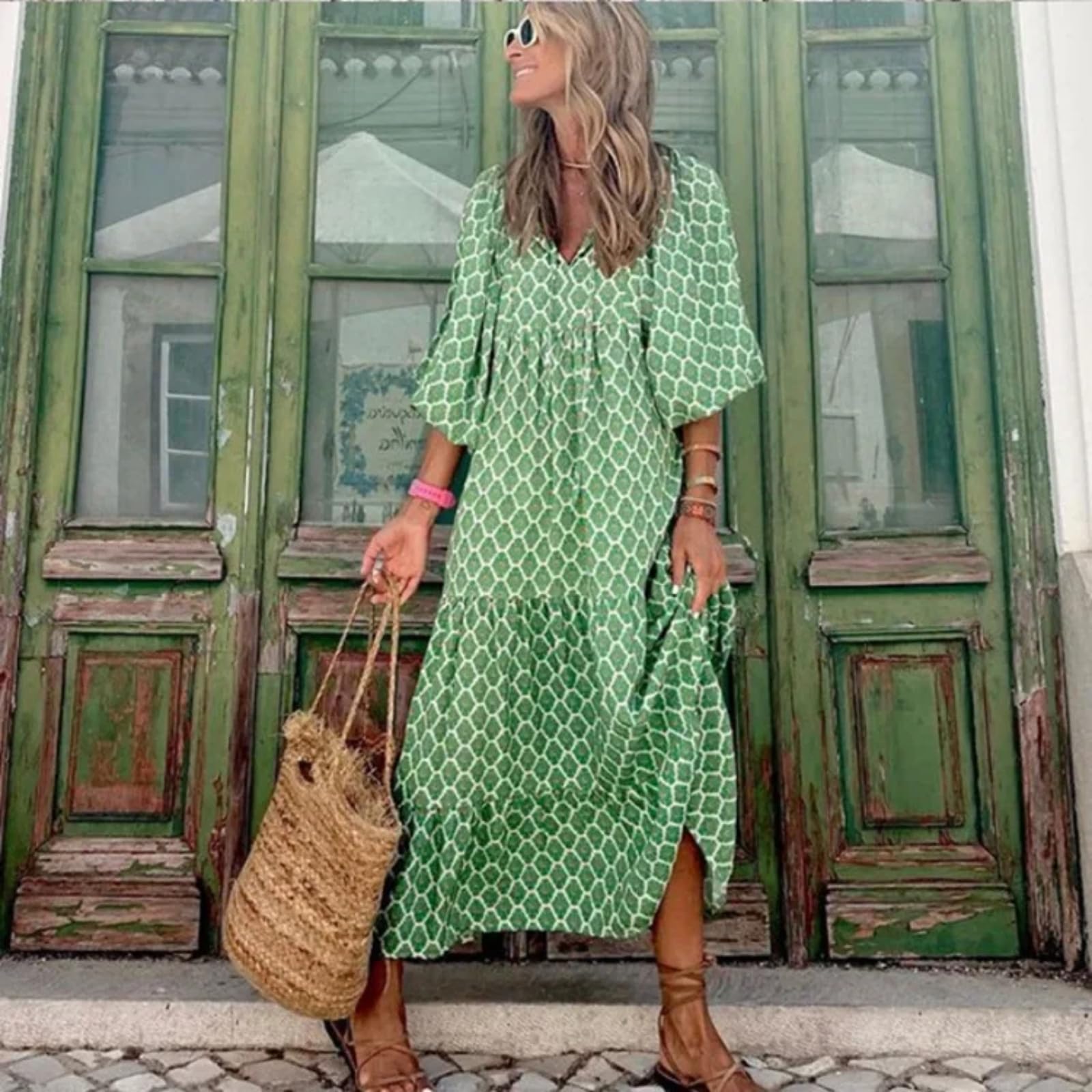Vestido Casual Casual de Tobillo con Estampado geométrico de Siete Cuartos de Manga Burbuja y Manga Cuenca Cuenca en Forma de Mujer