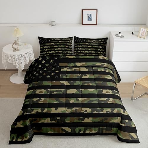 Feelyou Juego de edredón de camuflaje del ejército con bandera estadounidense, decoración militar, camuflaje verde selva, bandera de Estados Unidos,