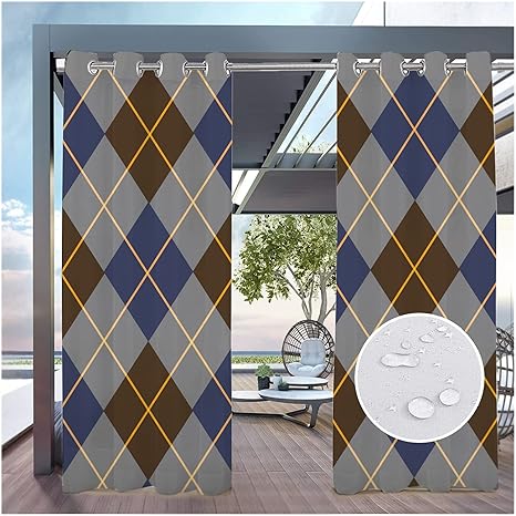 Amazon Co Jp パティオ用屋外カーテン 2パネルモダンファッションチェック柄印刷 防水防風断熱防錆トップグロメットブラックアウト屋外カーテン S 132x1cm 52x72in 車 バイク