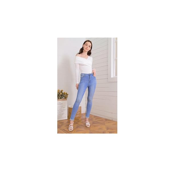 Romwe-Womens-Casual-Cross-Off-Shoulder-Deep-V-Neck-Ribbed-Knit-Slim-Wrap-Tee-Shirt-Blouse ROMWE Women's Slim Cross Wrap Asymmetrical Neck Solid Ribbed Knit Tee Shirt Blouse White Medium