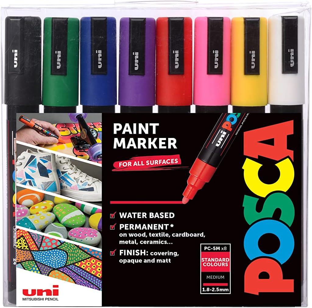 POSCA PC-5M Medium Tip Acrylic Paint Marker Pens, 8 Assorted Colours, For All Surfaces (Pack of 8 Pens)