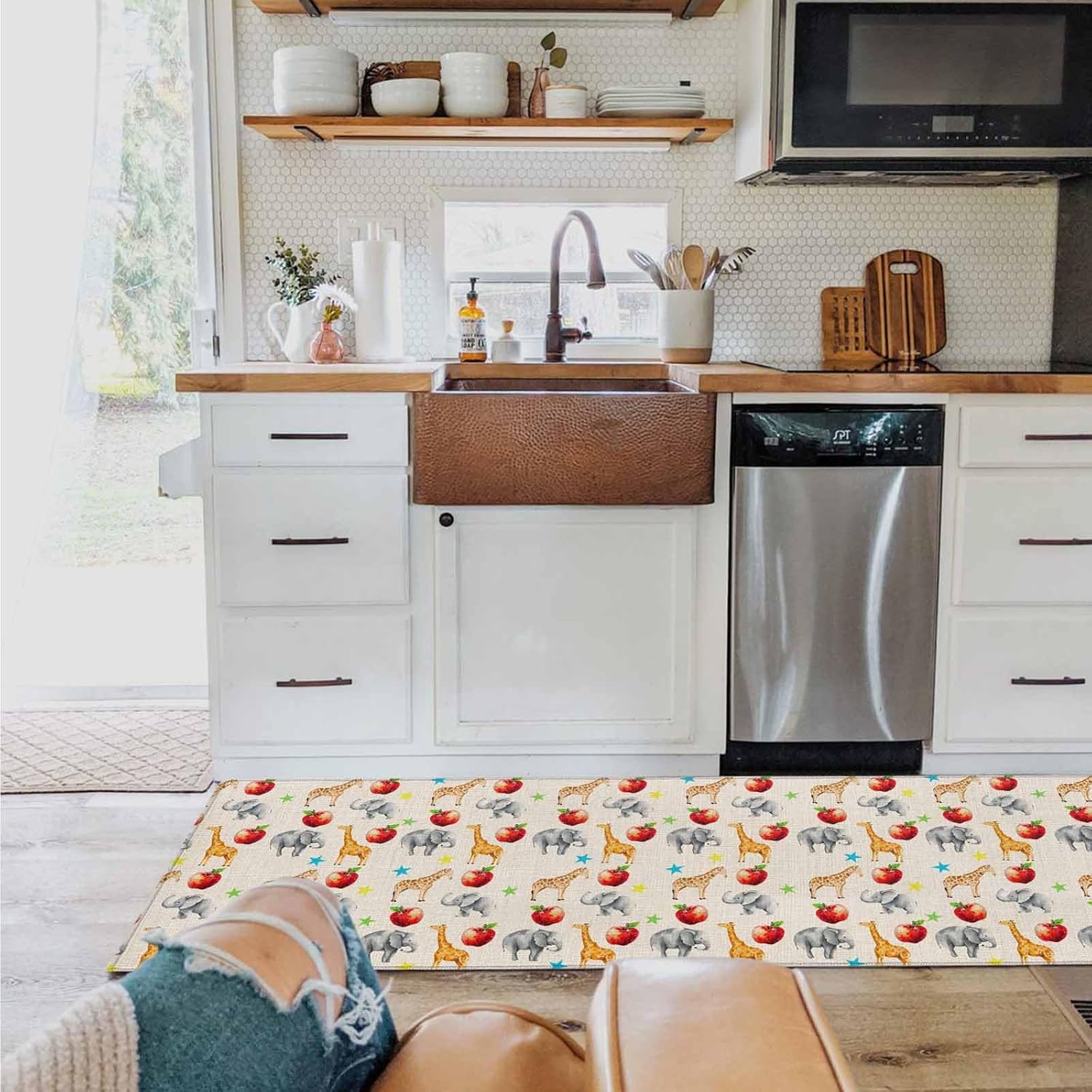 2 Pieces Kitchen Rugs and Mats,Vintage Giraffe Elephant Star Fruit Area Runner Rug Set Non Slip Floor Doormat Washable Carpet Standing Mat for Kitchen Sink Indoor Corridor,Cartoon Animal on Linen