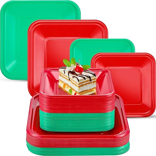 Miniatura 1 de 100 platos cuadrados combinados de Navidad, platos desechables de plástico rojo de 6.9 pulgadas y 9.5 pulgadas, platos a granel para cenas y postres