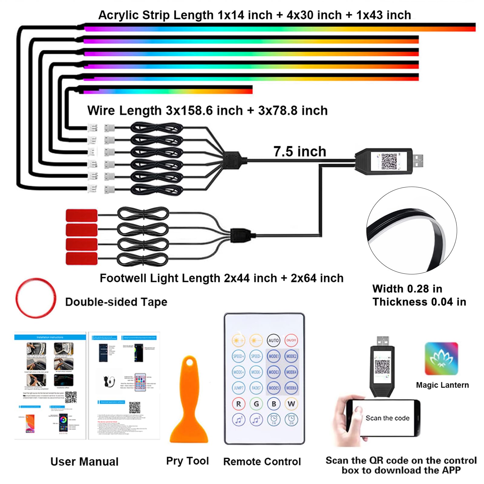 Dreamcolor - Luci per interni auto, in acrilico, con app wireless, telecomando / pulsante, 10 in 1, kit di illuminazione ambientale, 16 milioni di colori, accessori per strisce al neon per