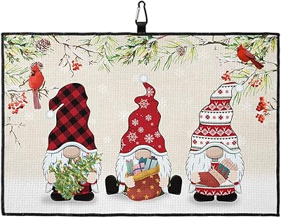Golf Towel Dwarf Christmas Red Bird Tree Gift Vintage Linen,Waffle Pattern Microfiber Club Cleaner Golf Towels with Carabiner Clip for Women Men Dad,Pine Cone Cedar Golf Towel for Golf Bags,24x16in