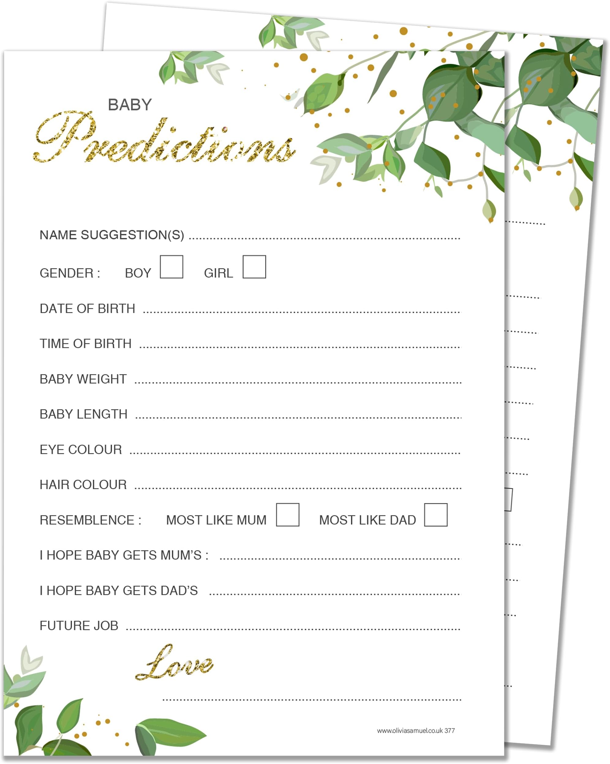 20 x Baby Prediction Cards from Olivia Samuel - Baby Shower Game - Botanicals Design