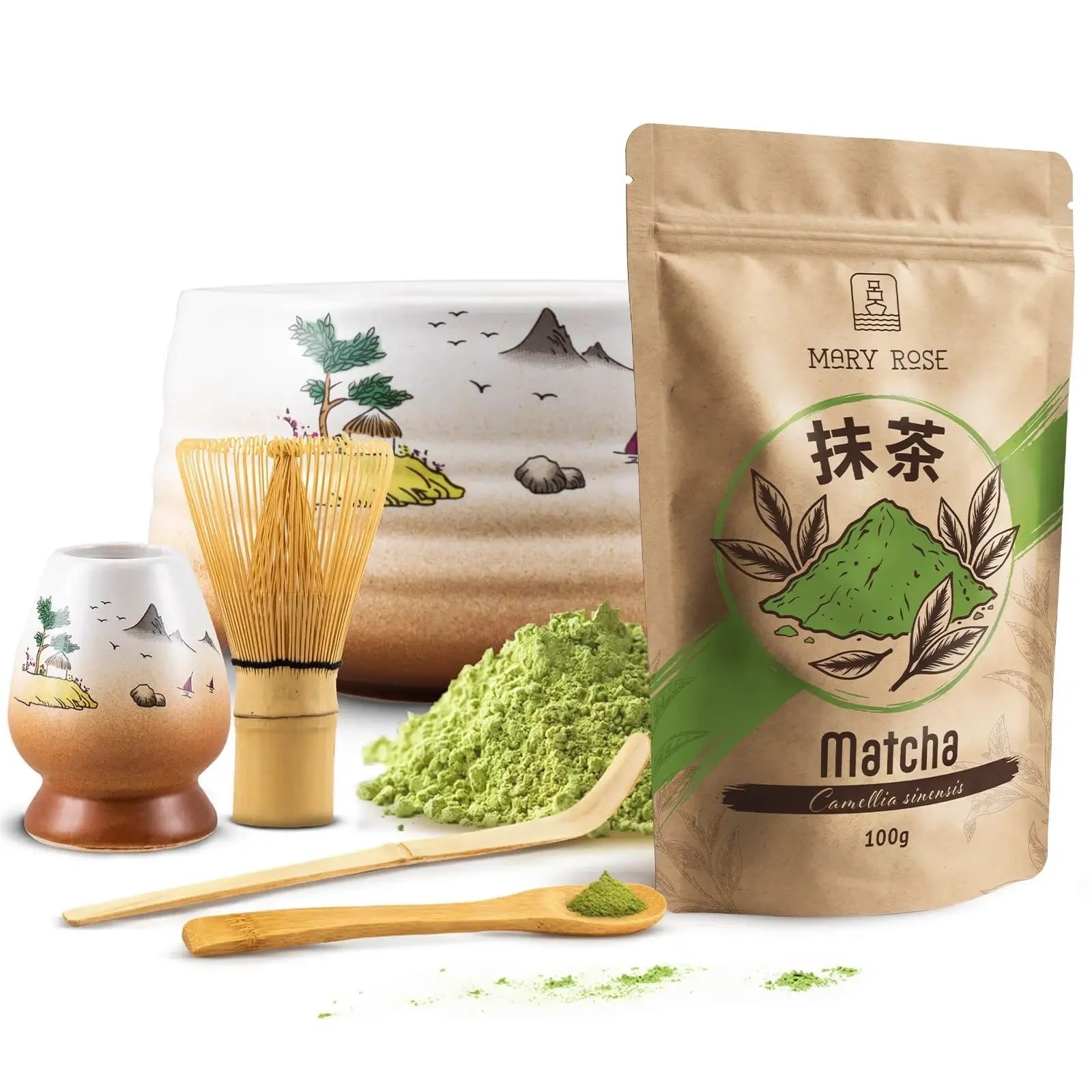 Mary Rose Matcha Set con Accessori | Mary Rose Matcha Tè Verde 100g | Matchawan | Kusenaoshi | Accessori in Bambù Chasen Chashaku