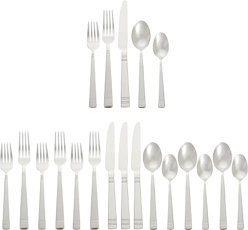 Amazon Basics Juego de cubiertos de acero inoxidable de 20 piezas, servicio para 4, color plateado