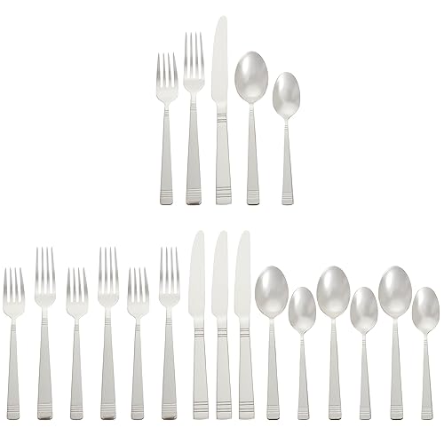 Amazon Basics Silverware, 20-Piece Stainless Steel Flatware Set, Dishwasher Safe, Service for 4, Bistro - 20-Piece