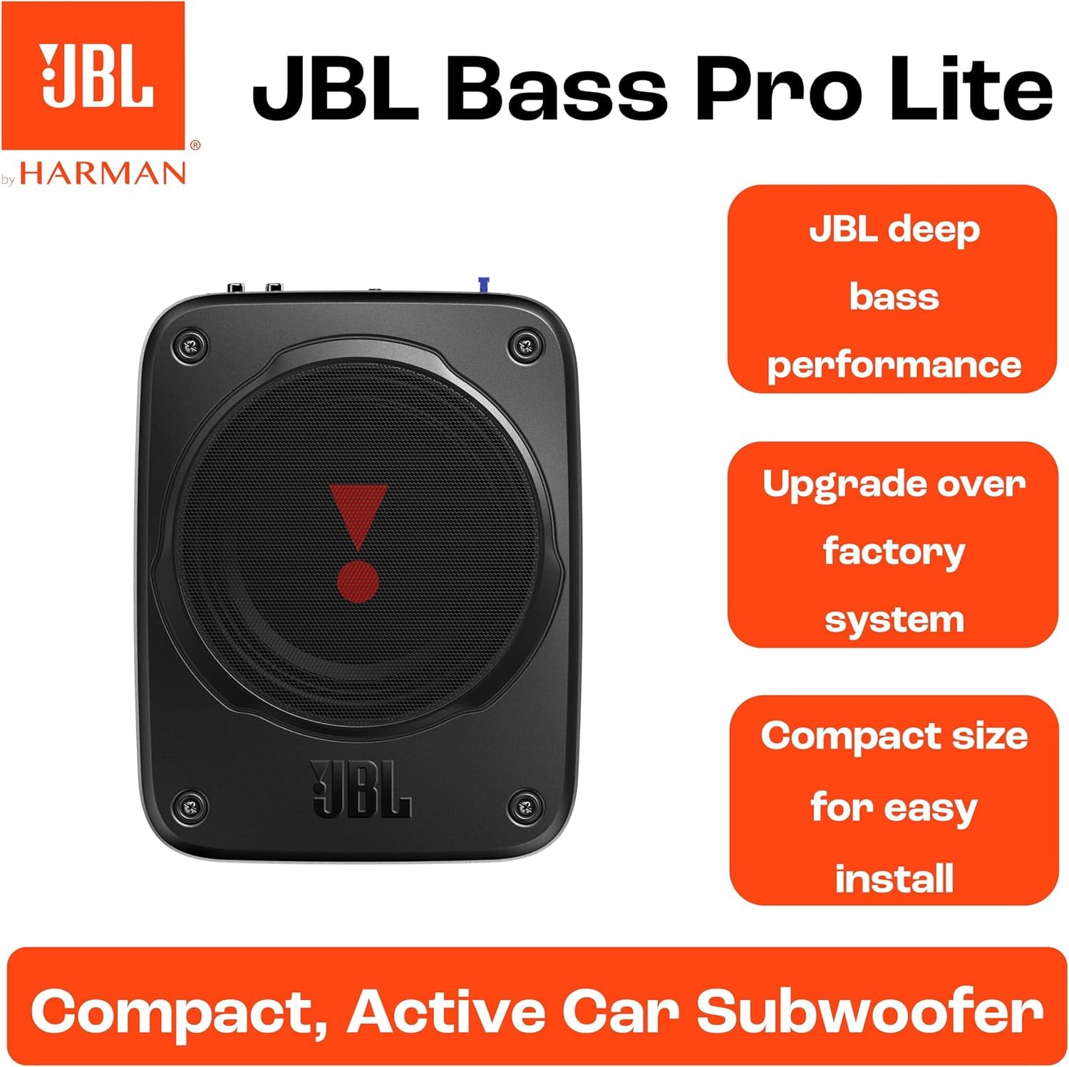 JBL BassPro Lite: Subwoofer Attivo Auto Ultra-Compatto con Amplificatore Integrato da 100 watt, Subwoofer Auto Amplificato sottosedile, Cabinet in Alluminio, Facile installazione e compatibilità