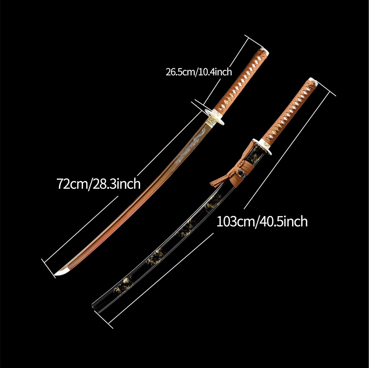 Japanese Samurai Sword Carbon Steel Roasted Gold Engraved Dragon 40.5inch/103cm Full Tang Handmade Katana Sword