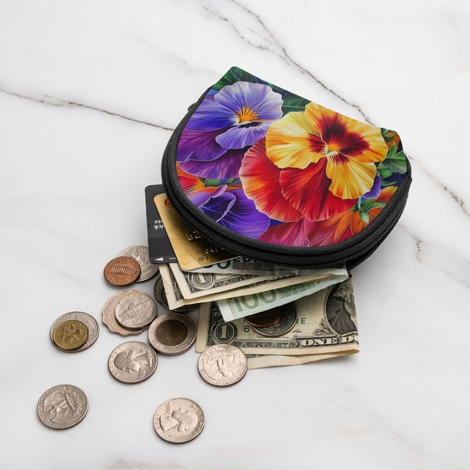 Pansy Perfection Printed Coin Purse Cute Mini Pouch Change Wallet Zipper Coin Pouch for Women
