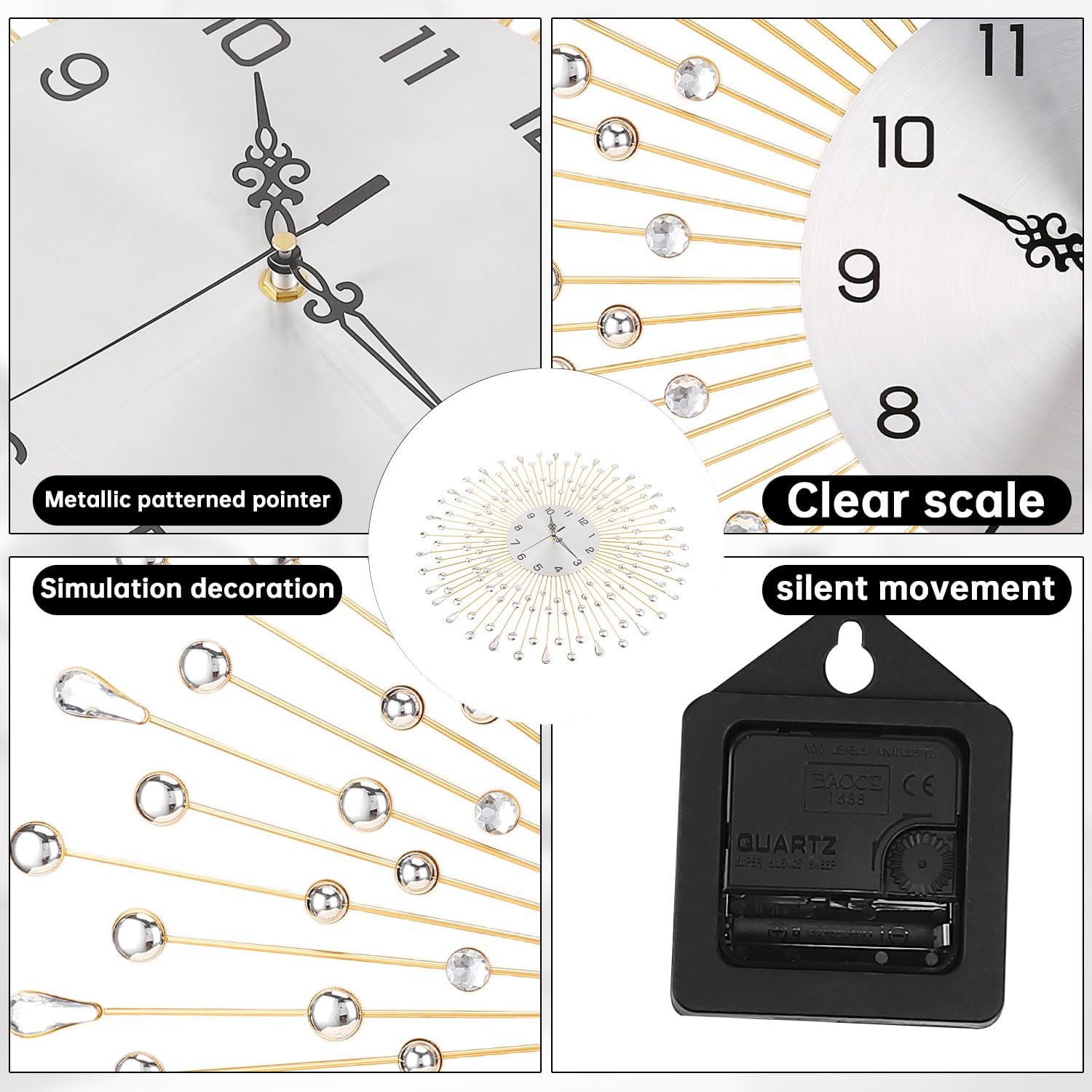 SIN&MI Large Wall Clock Decorative with Dazzling Crystals, Battery Operated Modern Elegance, Metal Wall Clocks for Living Room & Bedroom Decor, Exquisite Kitchen Decoration Clock 20 Inch