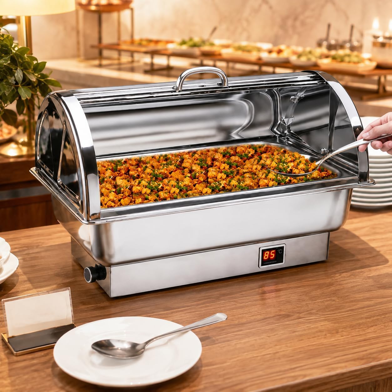 Calentador de Buffet Eléctrico 9L, Set Chafing Dish con Tapa Abatible