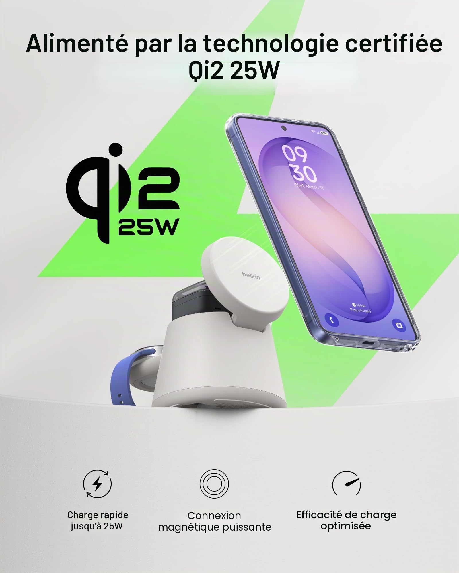 Belkin Qi2.2 Station de charge magnétique sans fil 25 W, chargeur Samsung 3 en 1 | Charge rapide, compatible MagSafe, Samsung Galaxy S26, chargeur Android, Pixel 10, iPhone 17/16/15, Apple Watch, AirPods