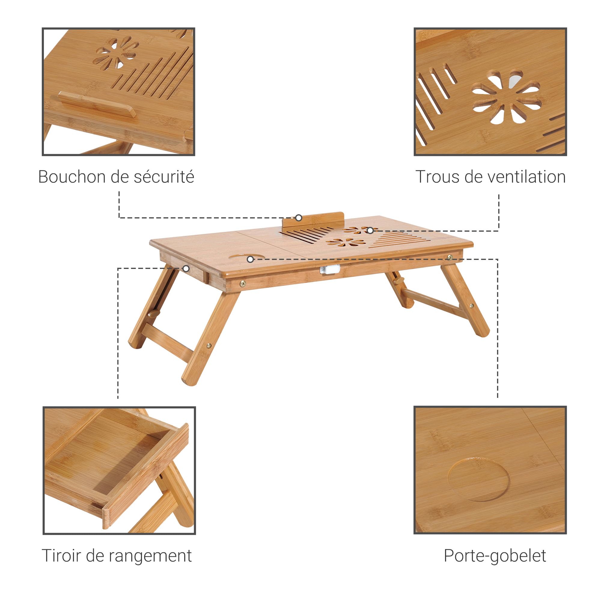 HOMCOM Table de lit, Plateau pour Ordinateur, Table d'appoint en Bois de Bambou, Plateau inclinable, Pliable et réglable en Hauteur avec tiroir, 55 x 35 x 22-32,5 cm, Naturel