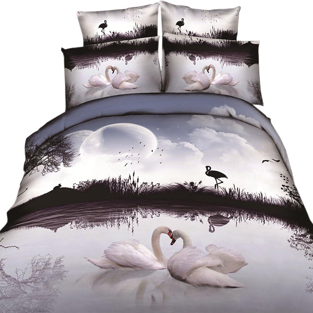 HyUkoa 100% Cotton 3D Oil Painting Lover White Swan in Lake Design 4-Pieces Duvet Cover Sets No Comforter,King Queen Size Cotton White Swan Girls Bedding Sets,King Size