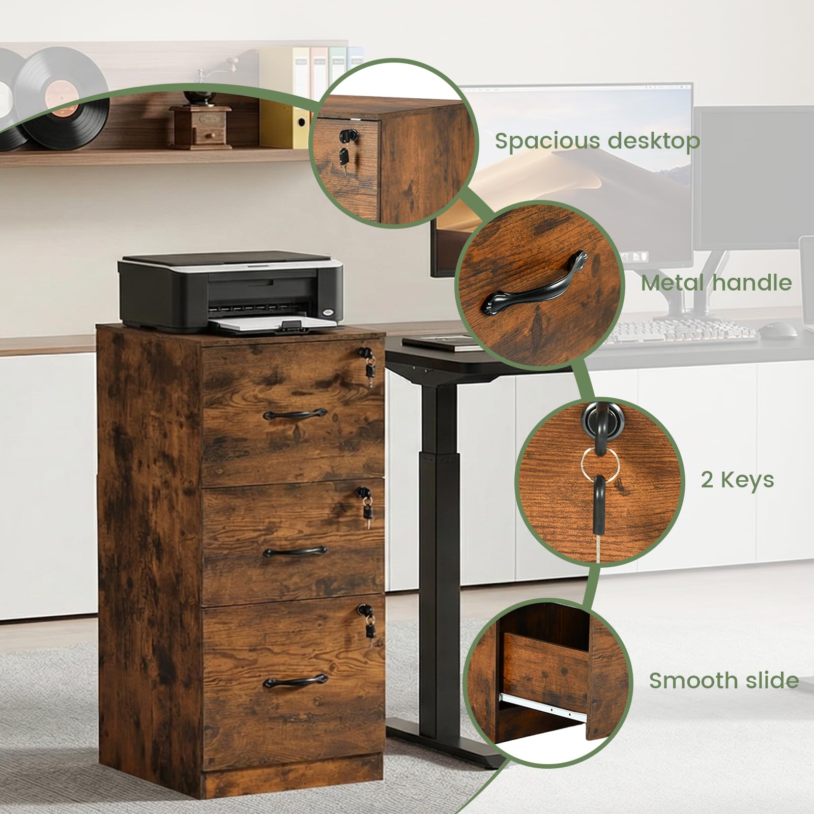 Cajonera Oficina, Cajonera Escritorio con 3 Cajones Cerradura y Llaves, Multiusos Armario Archivador con Barras Colgantes para Oficina Escritorio Casa,103.5cm Alto