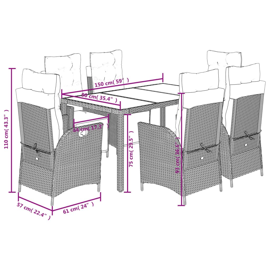 7-częściowy zestaw mebli ogrodowych z czarnego polirattanu, regulowany fotel relaksacyjny z poduszkami, stół ogrodowy ze szkła hartowanego 150 x 90 cm, odporny na promieniowanie UV, zestaw