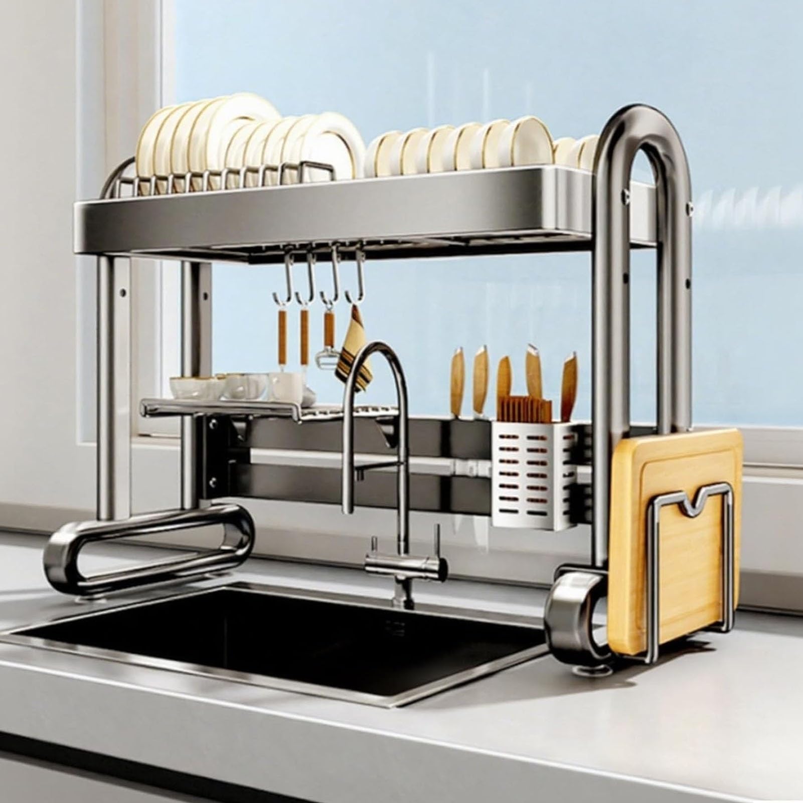 CAFIEDR Stainless Steel Over The Sink Dish Drying Rack 12 Tier Multifunctional Kitchen Drainer With Utensil Holder Spacesaving Organizer For Countertop.Black-95x55cm/37.4x21.6in