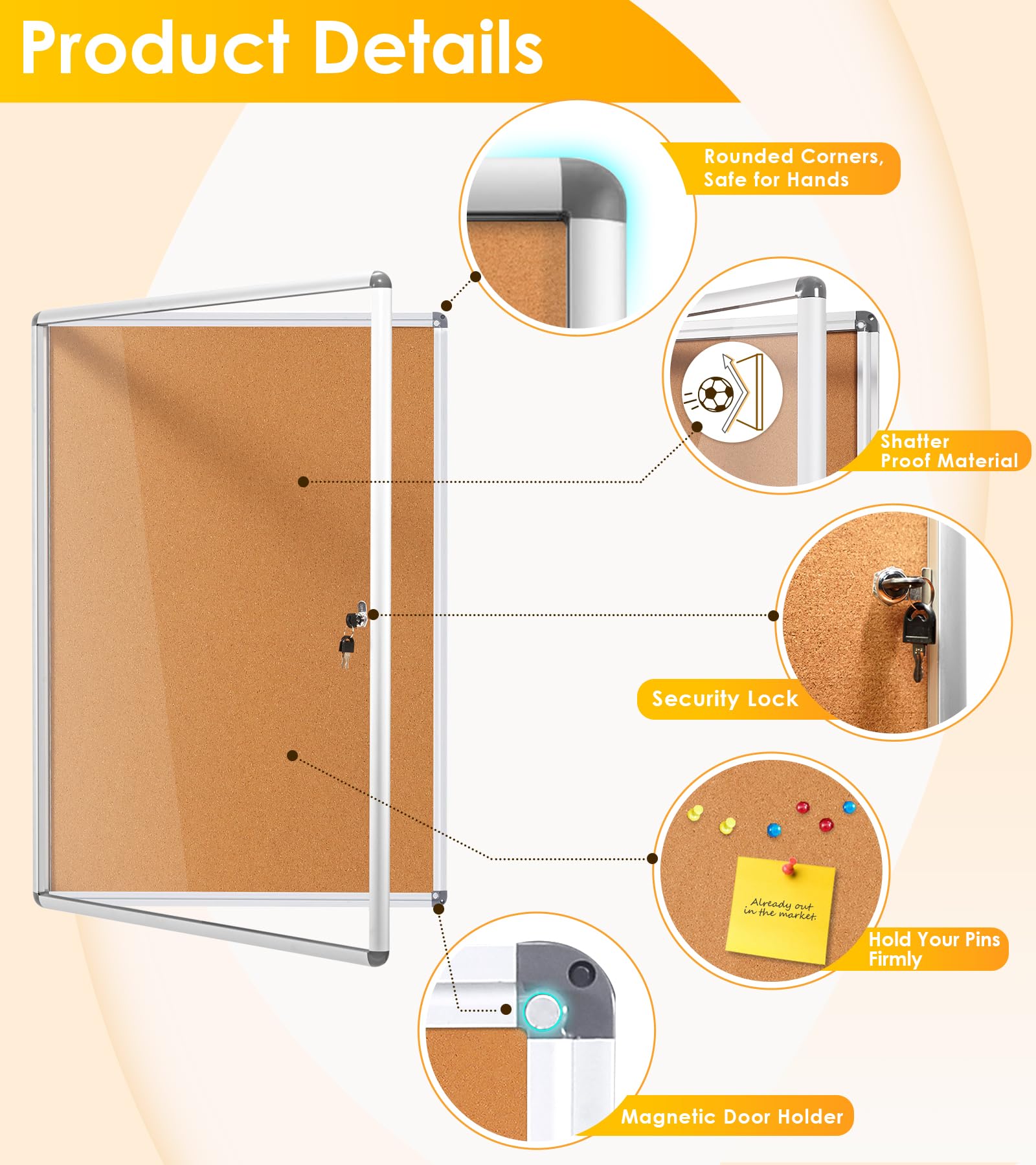 SWANCROWN Geschlossene Pinnwand, Kork, 91,4 x 61 cm, abschließbar, manipulationssicher, Wandvitrine für Büro, Schule, Handel, Gemeinschaft, Aluminiumrahmen
