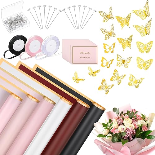 60 hojas de papel de regalo de flores, impermeable, ramo de floristería, papel de embalaje floral con 3 cintas, 36 mariposas 3D, 100 alfileres de