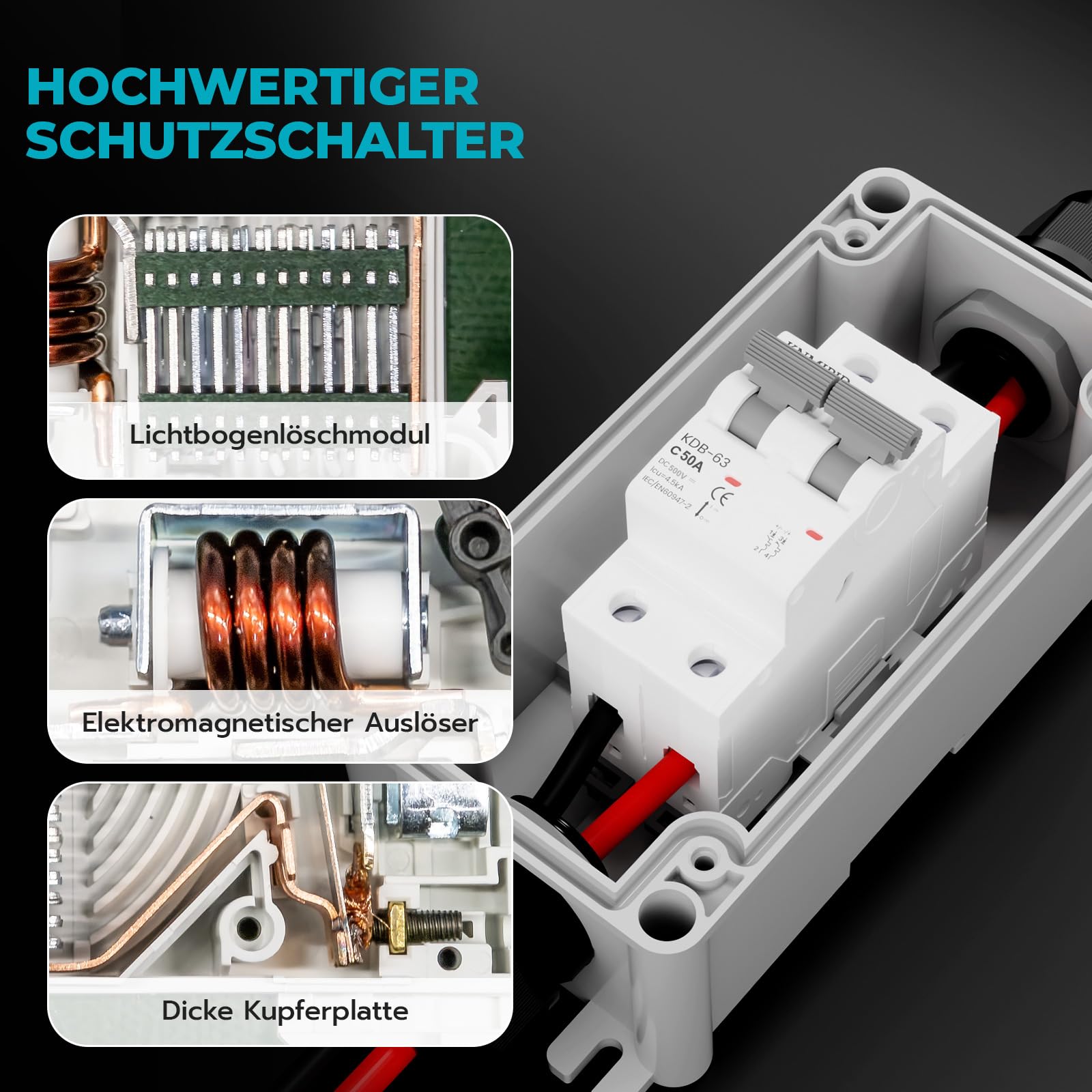 500V 50A DC Trennschalter PV Anlage, Solar PV Sicherungsautomat 2 polig mit IP65 Wasserdicht Gehäuse und pv kabel Steckermontage für Photovoltaikanlagen