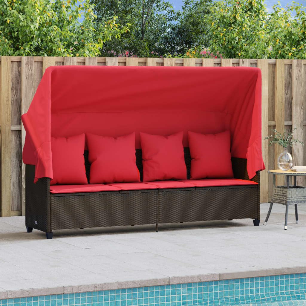 Leżak ogrodowy z wysuwanym dachem, brązowy rattan PE 204 x 75 x 140 cm, regulowane oparcie i podnóżek, z poduszką do siedzenia do 110 kg