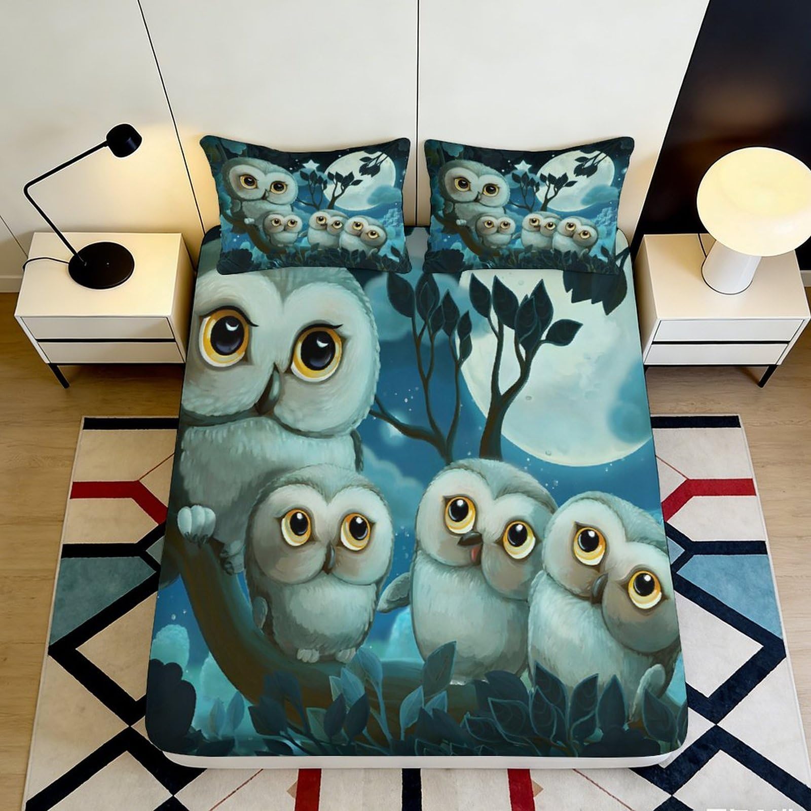 3D Printed Owl Family Fitted Sheet Microfiber Soft Breathable Night Sky Bed Cover for Bedroom Dormitory Guest Room Mattress Protection Decor 120x200x25cm