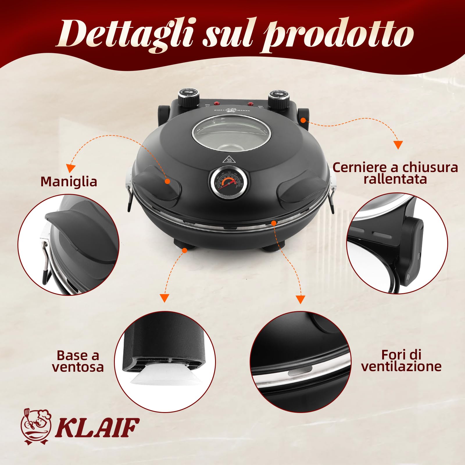 KLAIF Forno elettrico per pizza da banco con pietra in ceramica da 31 cm, due controlli di temperatura regolabili e 4 utensili per pizza LMR-nero