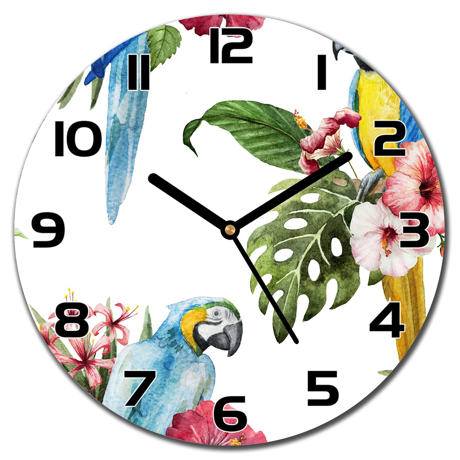 Horloge en Verre Cuisine Pendule Murale Moderne Fleurs De Perroquets Rond 30cm
