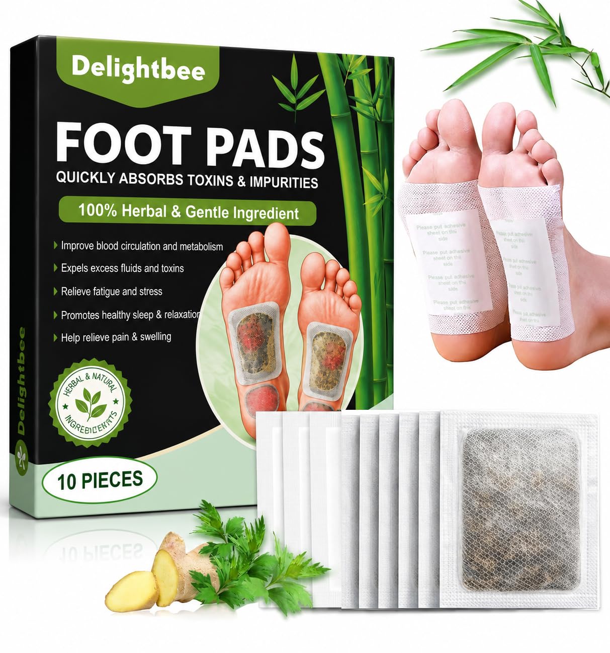 Delightbee Deep Cleansing Foot Pads for Detox & Relaxation | Natural Ginger & Bamboo Vinegar Patches for Toxin Removal, Pain Relief, Better Sleep & Circulation for Men & Women | (PACK of 1 (10 Pads))