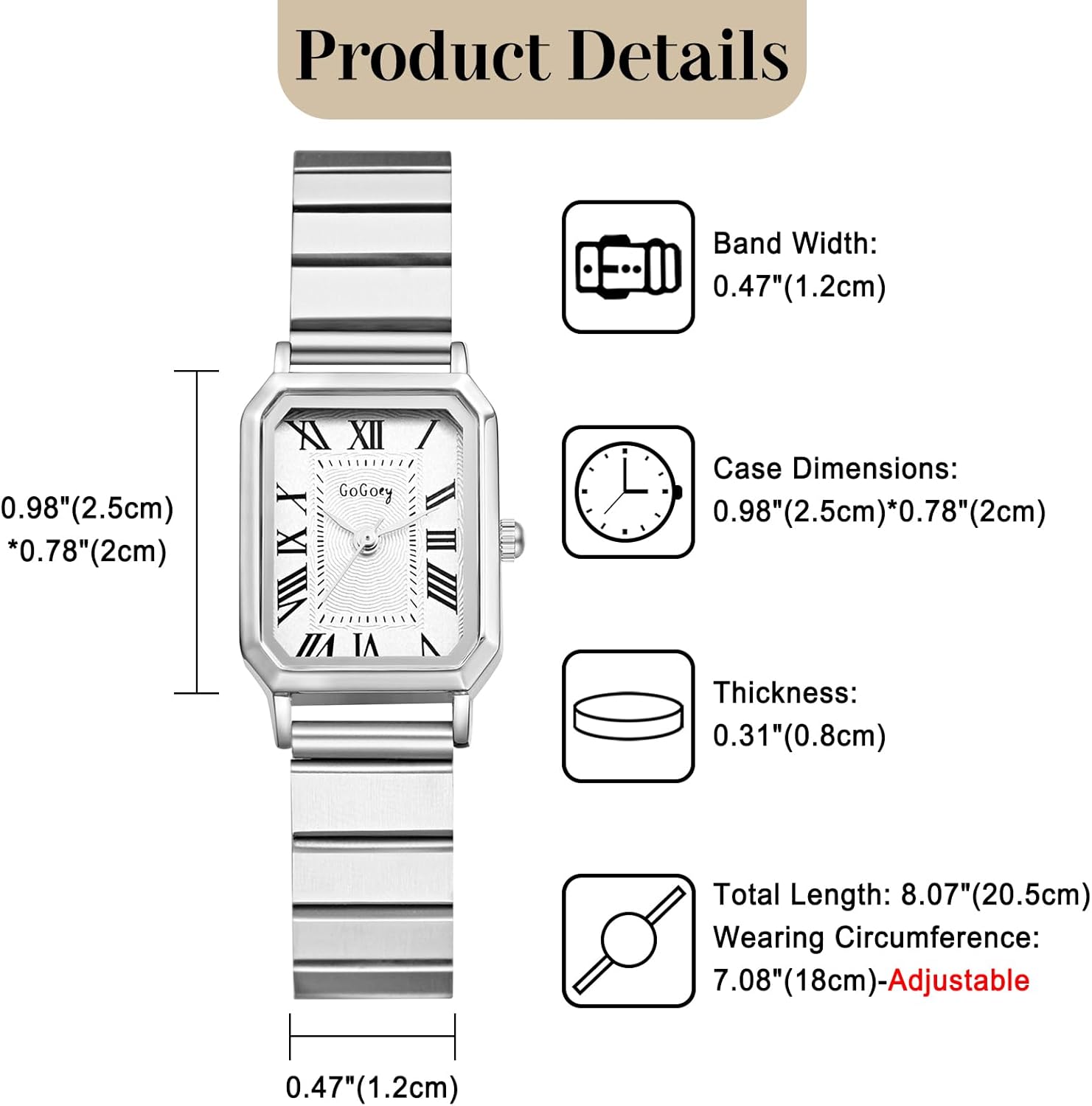 Lancardo Elegant Rectangular Womens Watch: Gold Silver Tone Stainless Steel Easy-Read Roman Numerals Quartz Dainty Wristwatch Perfect for Birthday - Image 2