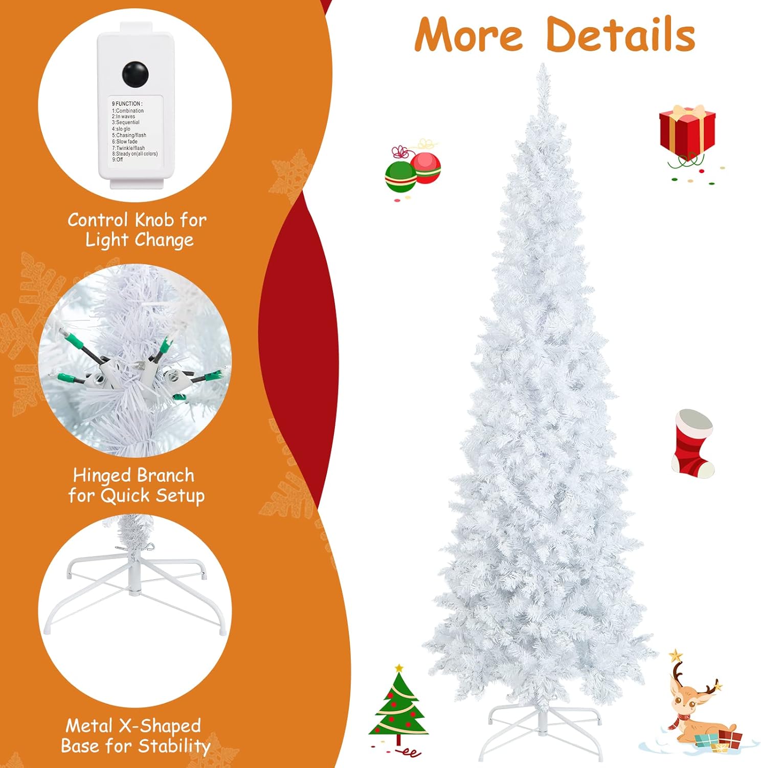 DORTALA Pre-lit Pencil Christmas Tree White, 7FT Artificial Slim Xmas Tree with 300 Warm White LED Lights, 800 Branch Tips, 8 Lighting Modes, Holiday Decor for Home Party